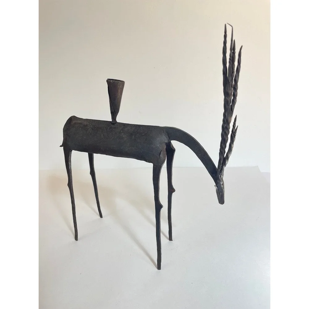 Vintage Brutalist Wrought Iron Gazelle Antelope Candle Holder Folk Art Sculpture